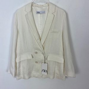 Zara White Cream Linen Double Breast Blazer L NWT